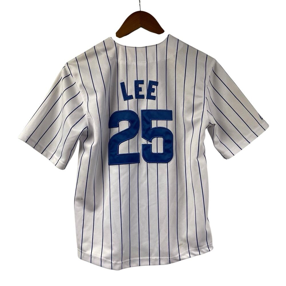 Derrek Lee Baseball Jersey Chicago Cubs White Pinstripe Blue Youth 10/12 MLB